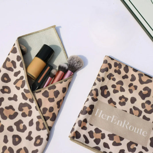 HerEnRoute Wrap N Go Makeup Travel Bag Organizer Leopard Print